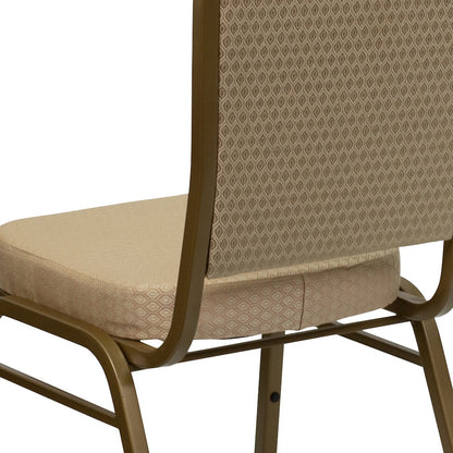 Crown Back Stacking Banquet Chair in Beige Patterned Fabric - Gold Frame