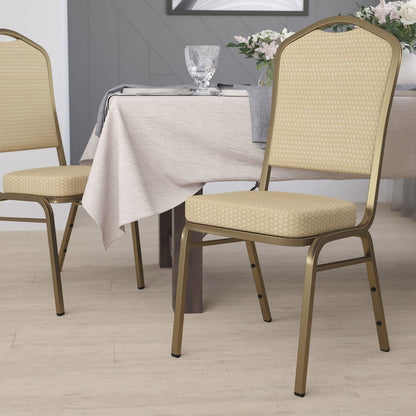 Crown Back Stacking Banquet Chair in Beige Patterned Fabric - Gold Frame