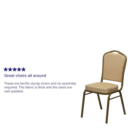 Crown Back Stacking Banquet Chair in Beige Patterned Fabric - Gold Frame