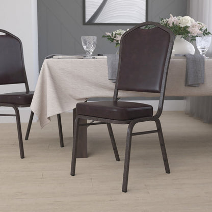 Crown Back Stacking Banquet Chair in Brown Vinyl - Copper Vein Frame