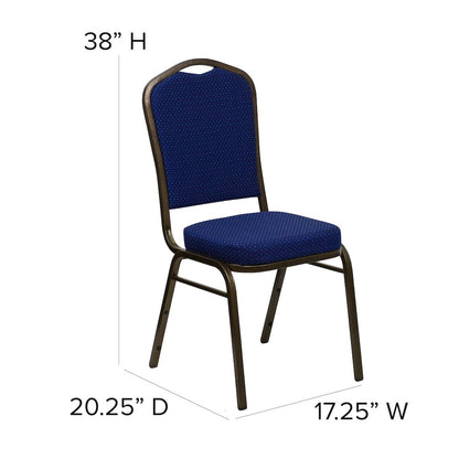 Crown Back Stacking Banquet Chair in Navy Blue Patterned Fabric - Gold Vein Frame