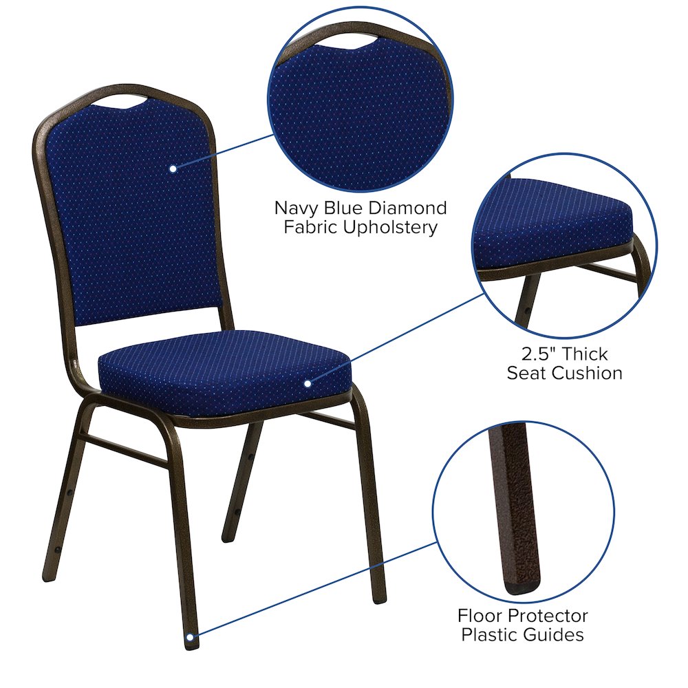 Crown Back Stacking Banquet Chair in Navy Blue Fabric - Gold Vein Frame
