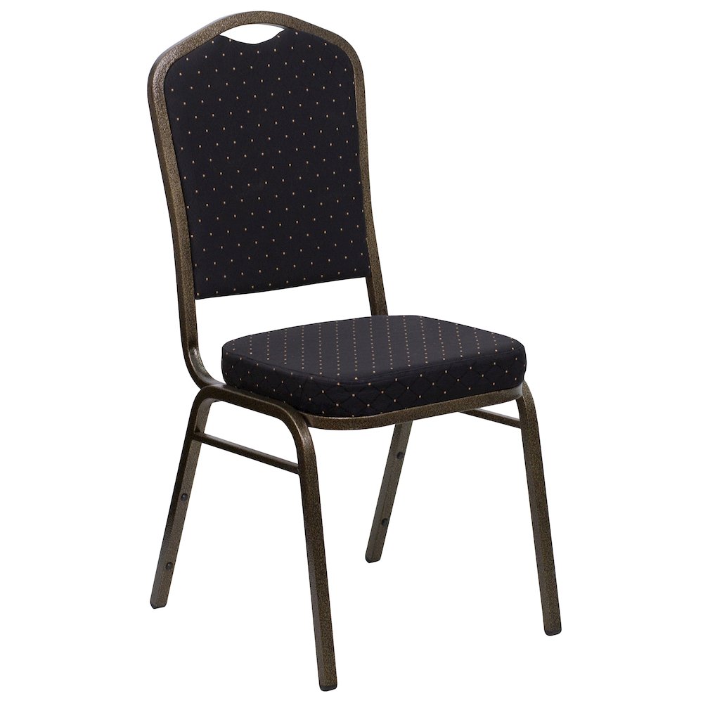 Crown Back Stacking Banquet Chair in Black Patterned Fabric - Gold Vein Frame