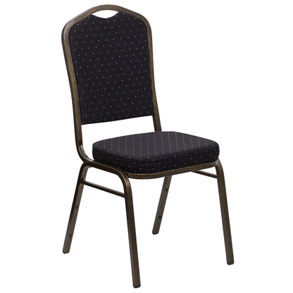 Crown Back Stacking Banquet Chair in Black Patterned Fabric - Gold Vein Frame