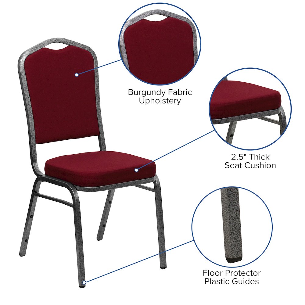 Crown Back Stacking Banquet Chair in Burgundy Fabric - Silver Vein Frame
