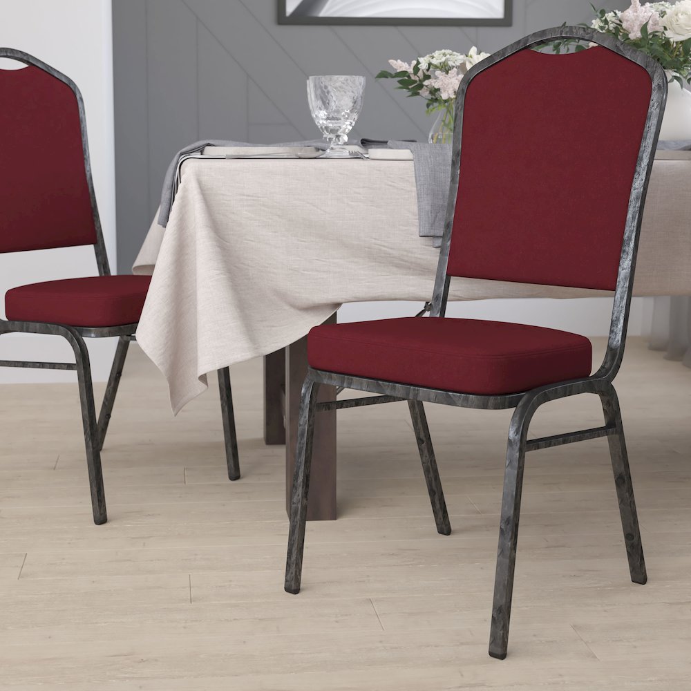Crown Back Stacking Banquet Chair in Burgundy Fabric - Silver Vein Frame