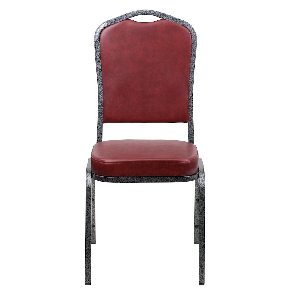 Crown Back Stacking Banquet Chair in Burgundy Vinyl - Silver Vein Frame