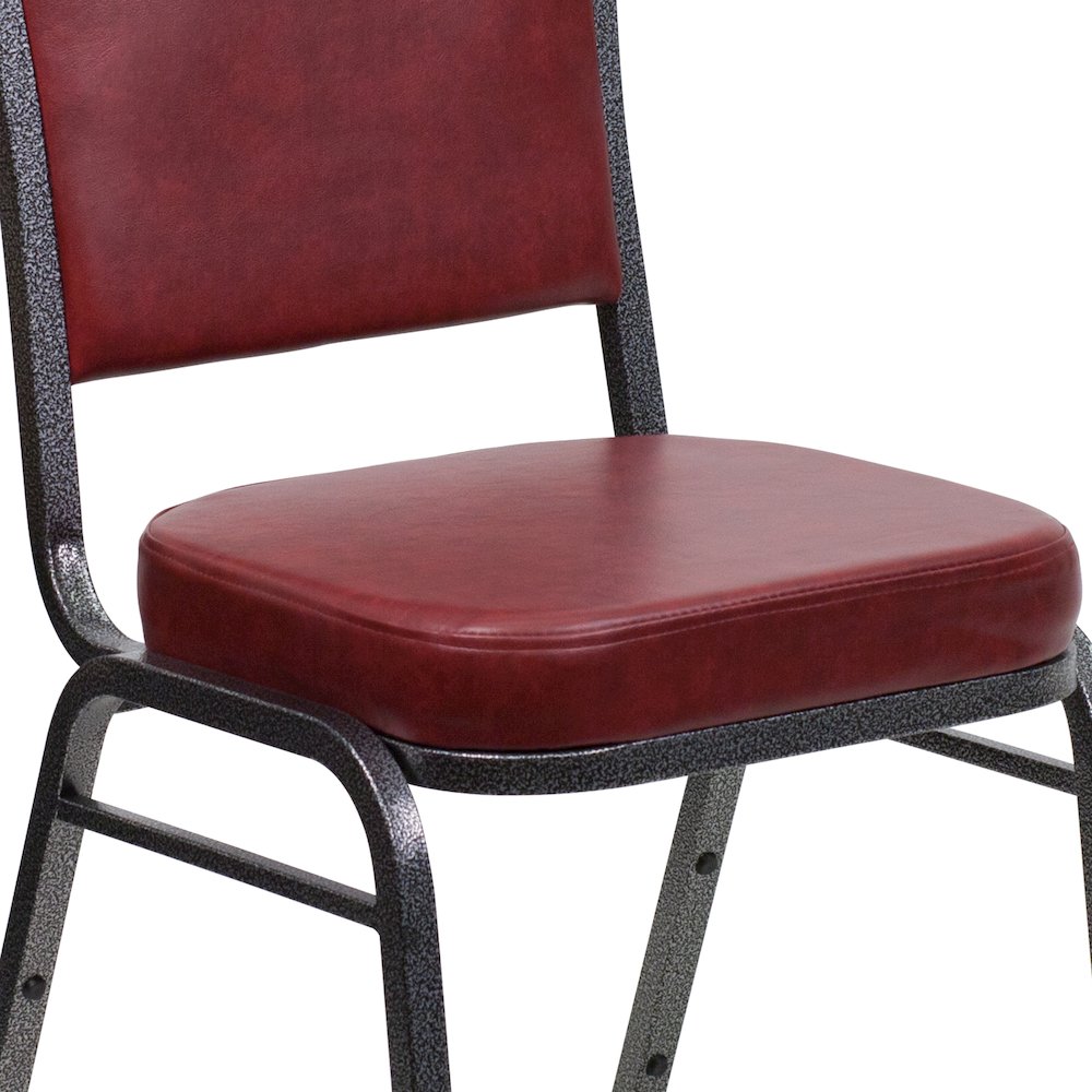 Crown Back Stacking Banquet Chair in Burgundy Vinyl - Silver Vein Frame