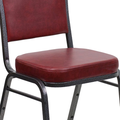 Crown Back Stacking Banquet Chair in Burgundy Vinyl - Silver Vein Frame