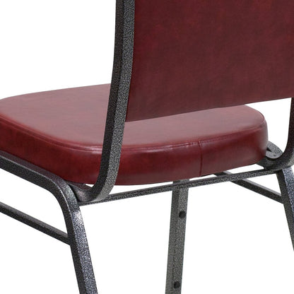 Crown Back Stacking Banquet Chair in Burgundy Vinyl - Silver Vein Frame