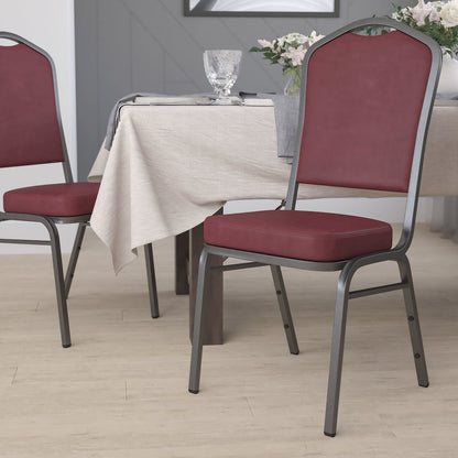 Crown Back Stacking Banquet Chair in Burgundy Vinyl - Silver Vein Frame