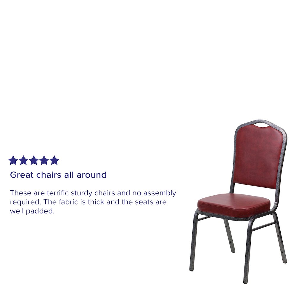 Crown Back Stacking Banquet Chair in Burgundy Vinyl - Silver Vein Frame