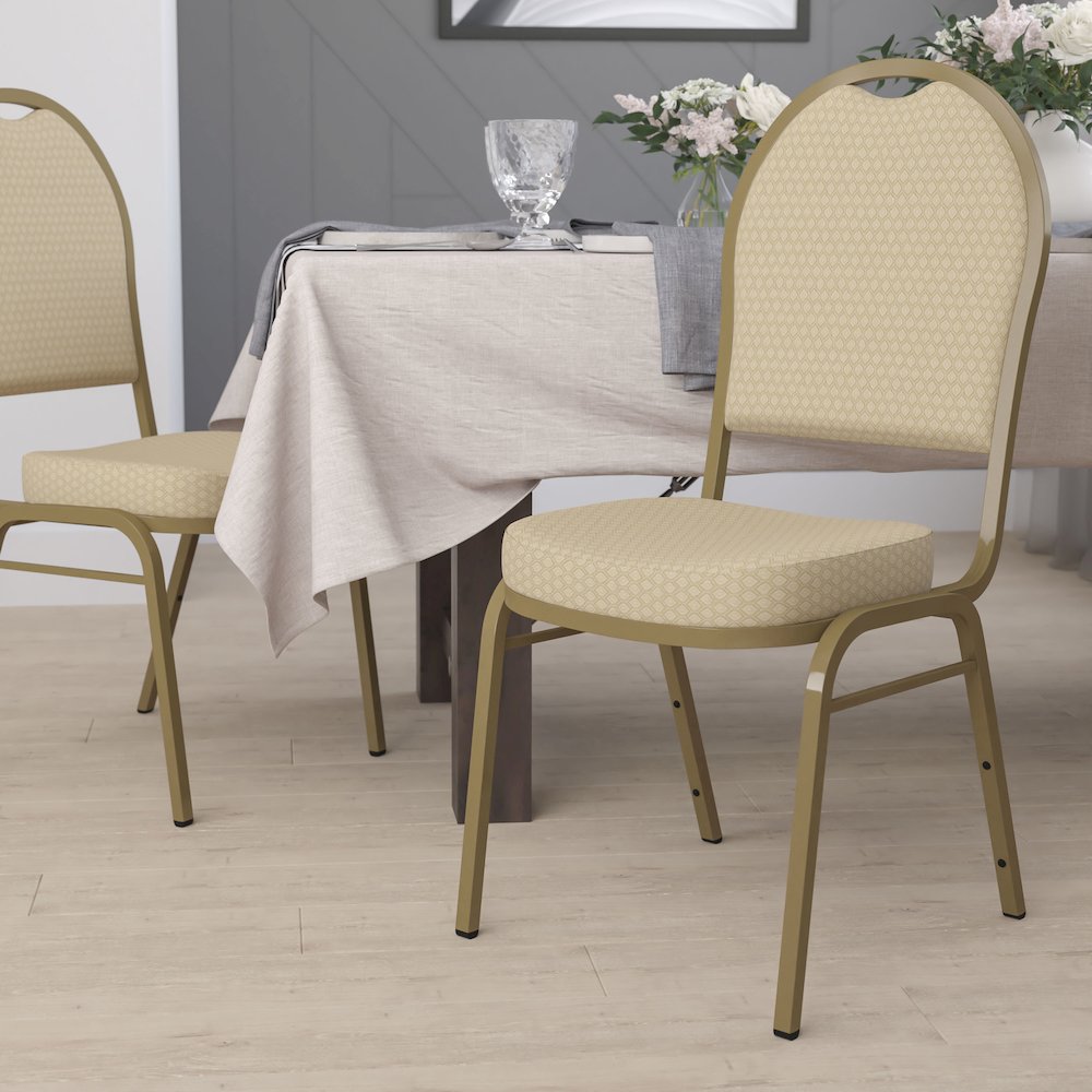 Dome Back Stacking Banquet Chair in Beige Patterned Fabric - Gold Frame