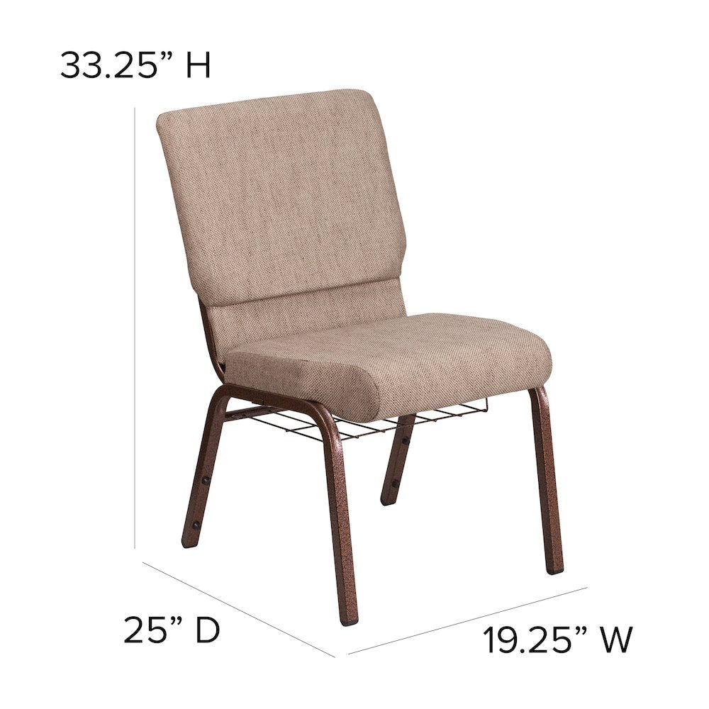 18.5''W Church Chair in Beige Fabric with Book Rack - Copper Vein Frame