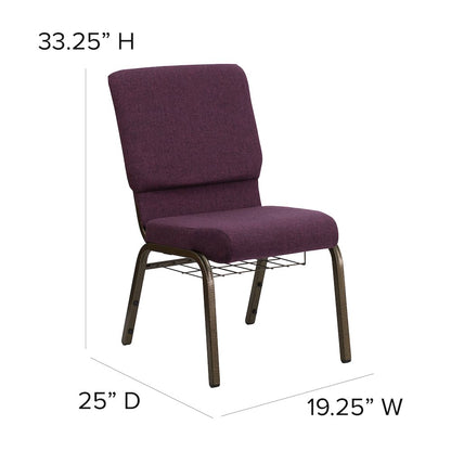 18.5''W Church Chair in Plum Fabric with Cup Book Rack - Gold Vein Frame