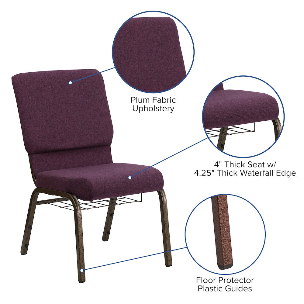18.5''W Church Chair in Plum Fabric with Cup Book Rack - Gold Vein Frame