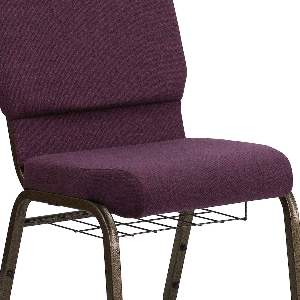 18.5''W Church Chair in Plum Fabric with Cup Book Rack - Gold Vein Frame