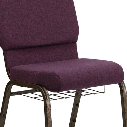 18.5''W Church Chair in Plum Fabric with Cup Book Rack - Gold Vein Frame