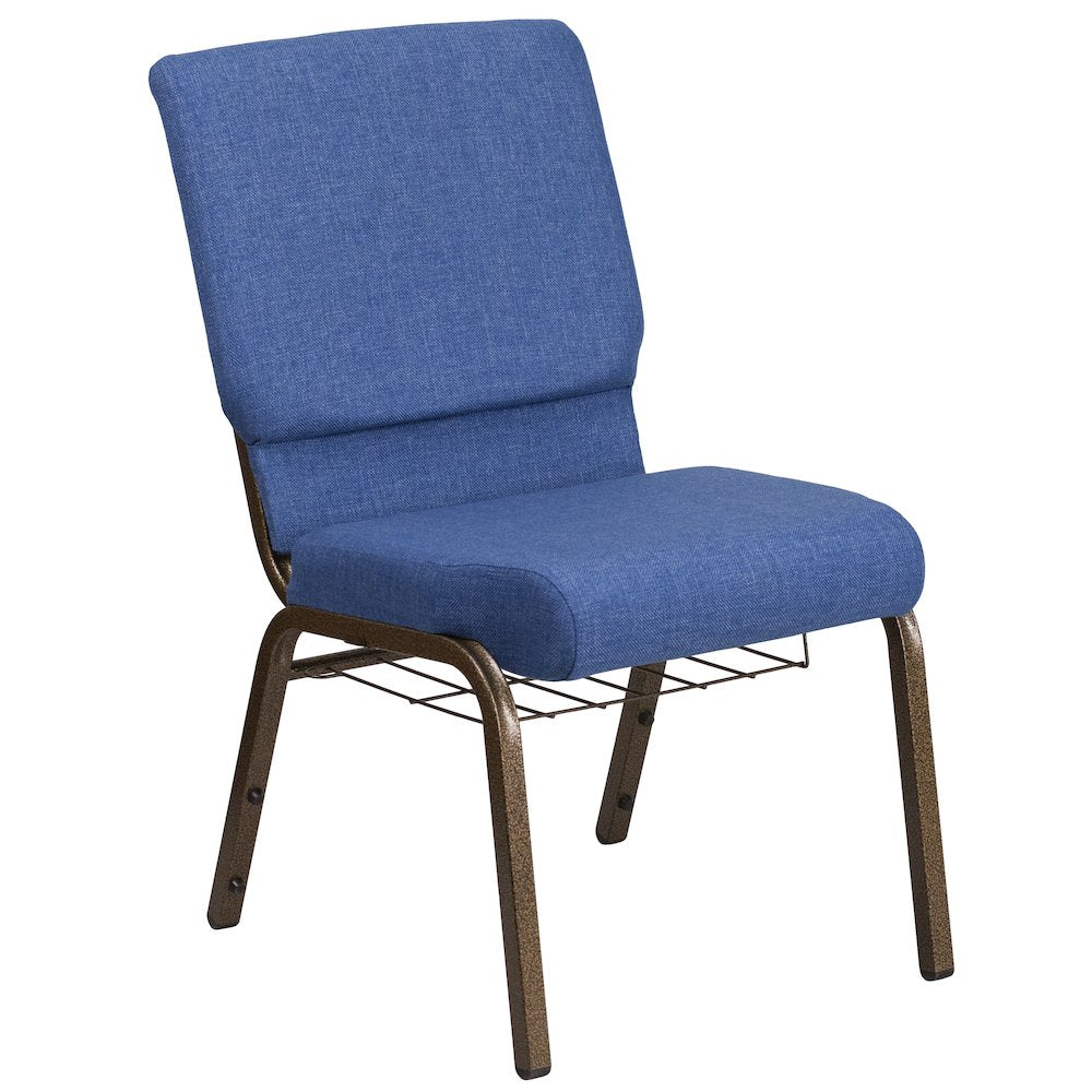18.5''W Church Chair in Blue Fabric with Cup Book Rack - Gold Vein Frame