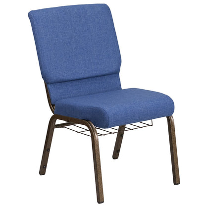 18.5''W Church Chair in Blue Fabric with Cup Book Rack - Gold Vein Frame
