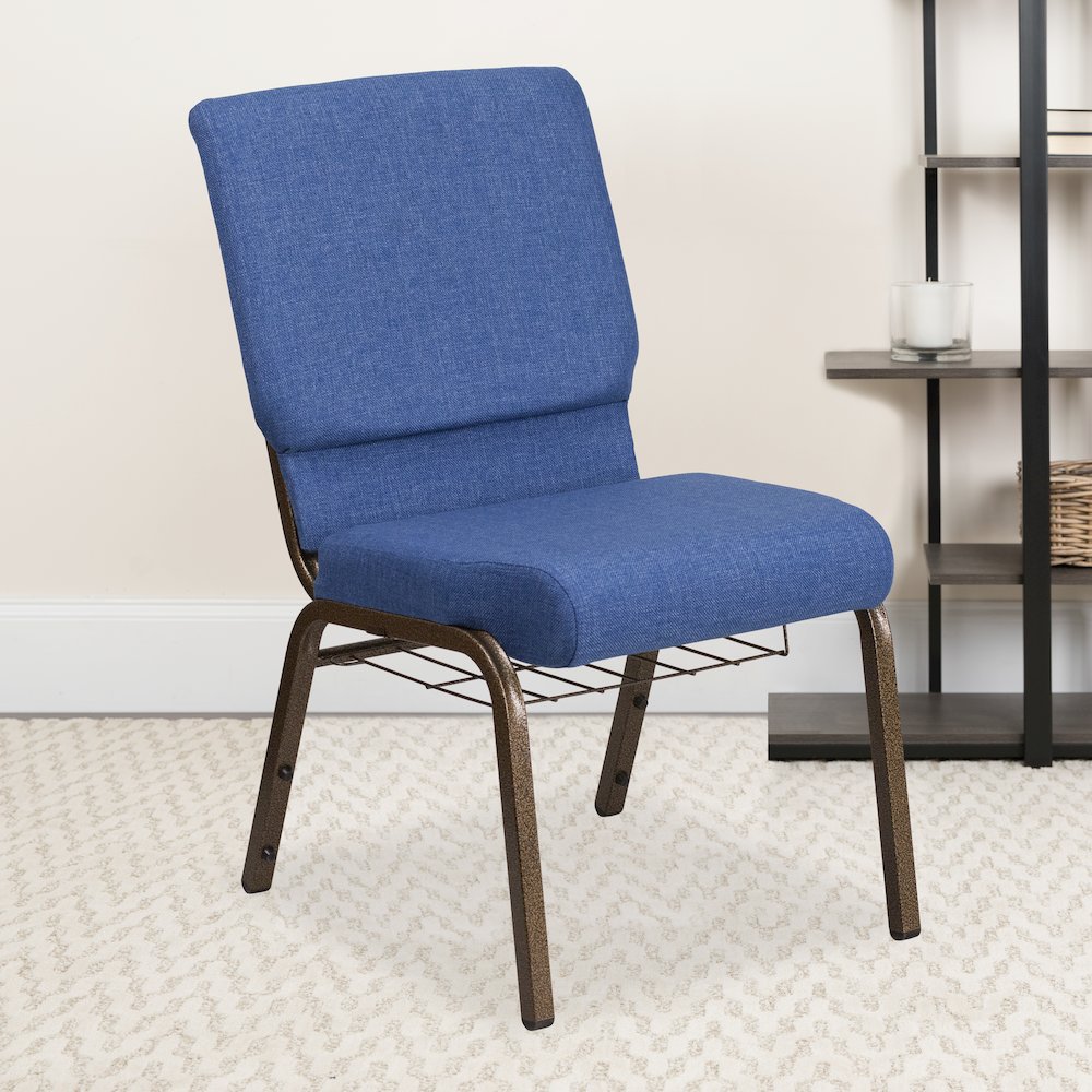 18.5''W Church Chair in Blue Fabric with Cup Book Rack - Gold Vein Frame
