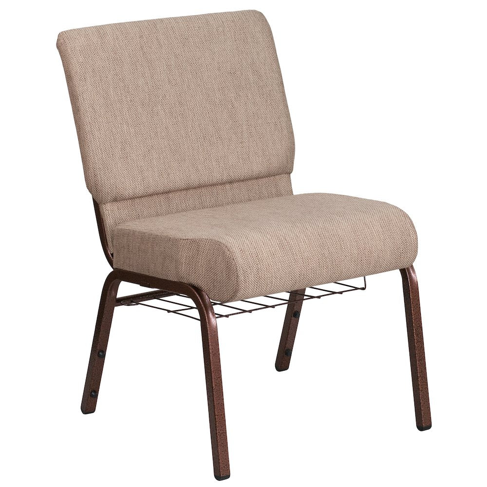 21''W Church Chair in Beige Fabric with Book Rack - Copper Vein Frame