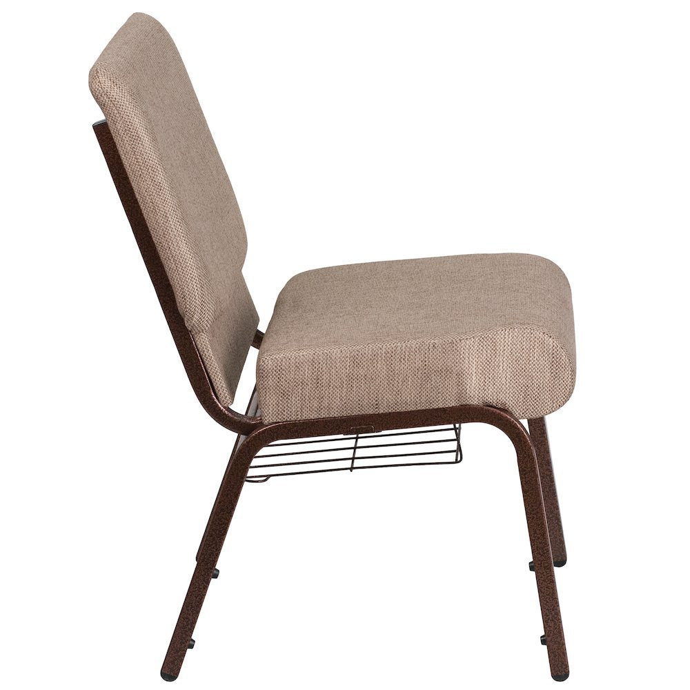 21''W Church Chair in Beige Fabric with Book Rack - Copper Vein