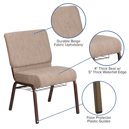 21''W Church Chair in Beige Fabric with Book Rack - Copper Vein Frame