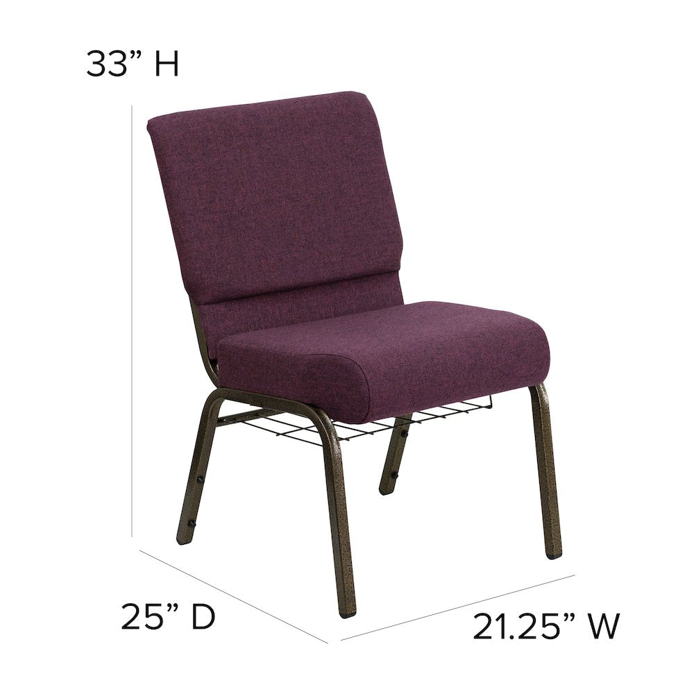 21''W Church Chair in Plum Fabric with Cup Book Rack - Gold Vein Frame
