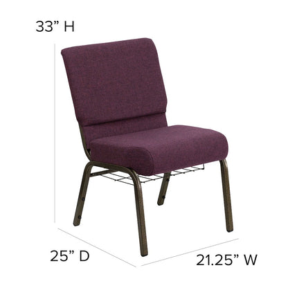 21''W Church Chair in Plum Fabric with Cup Book Rack - Gold Vein Frame