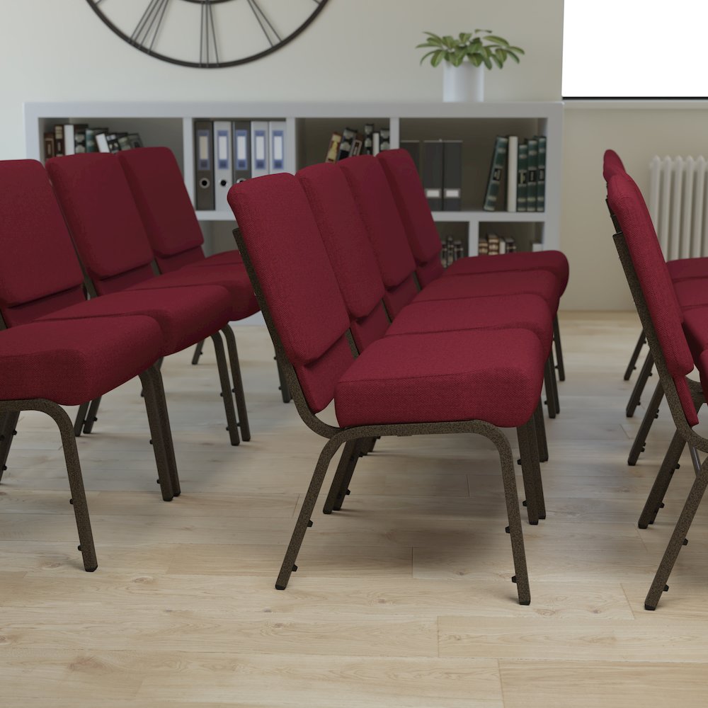 21''W Stacking Church Chair in Burgundy Fabric - Gold Vein Frame