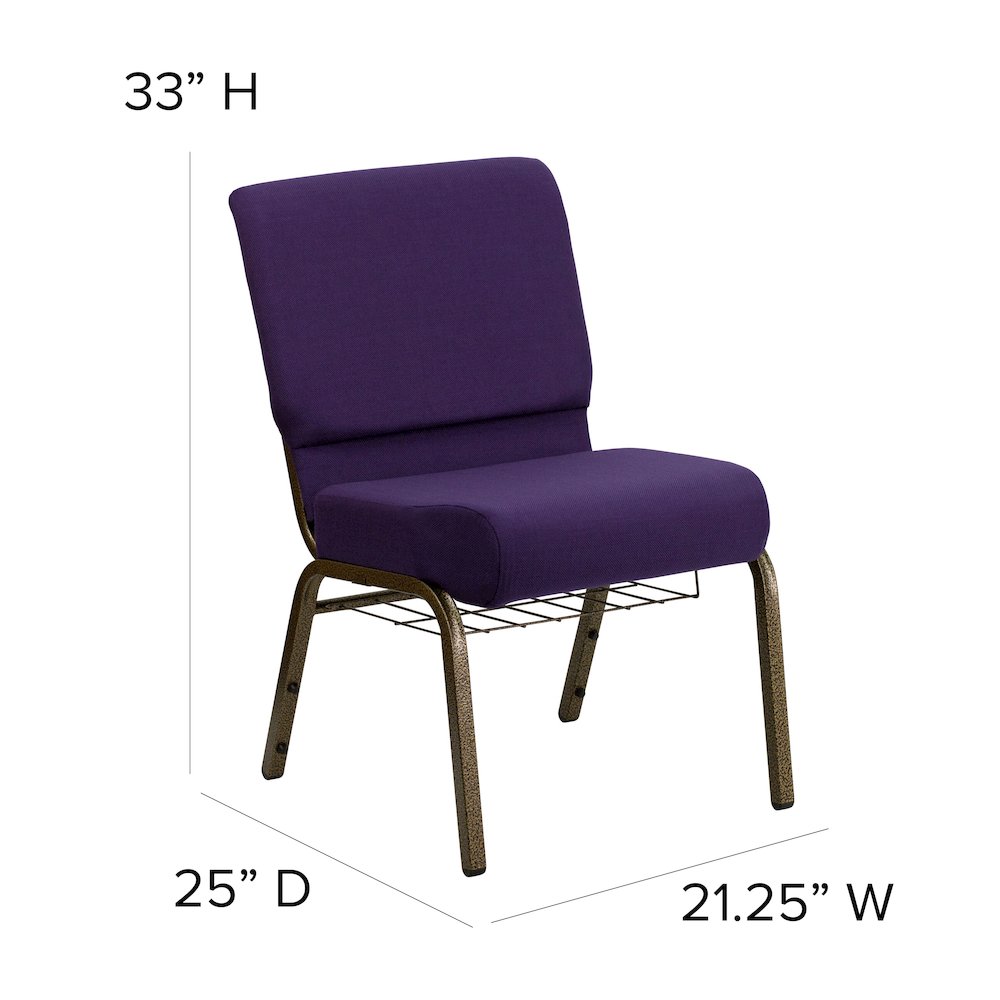 21''W Church Chair in Royal Purple Fabric with Cup Book Rack - Gold Vein Frame