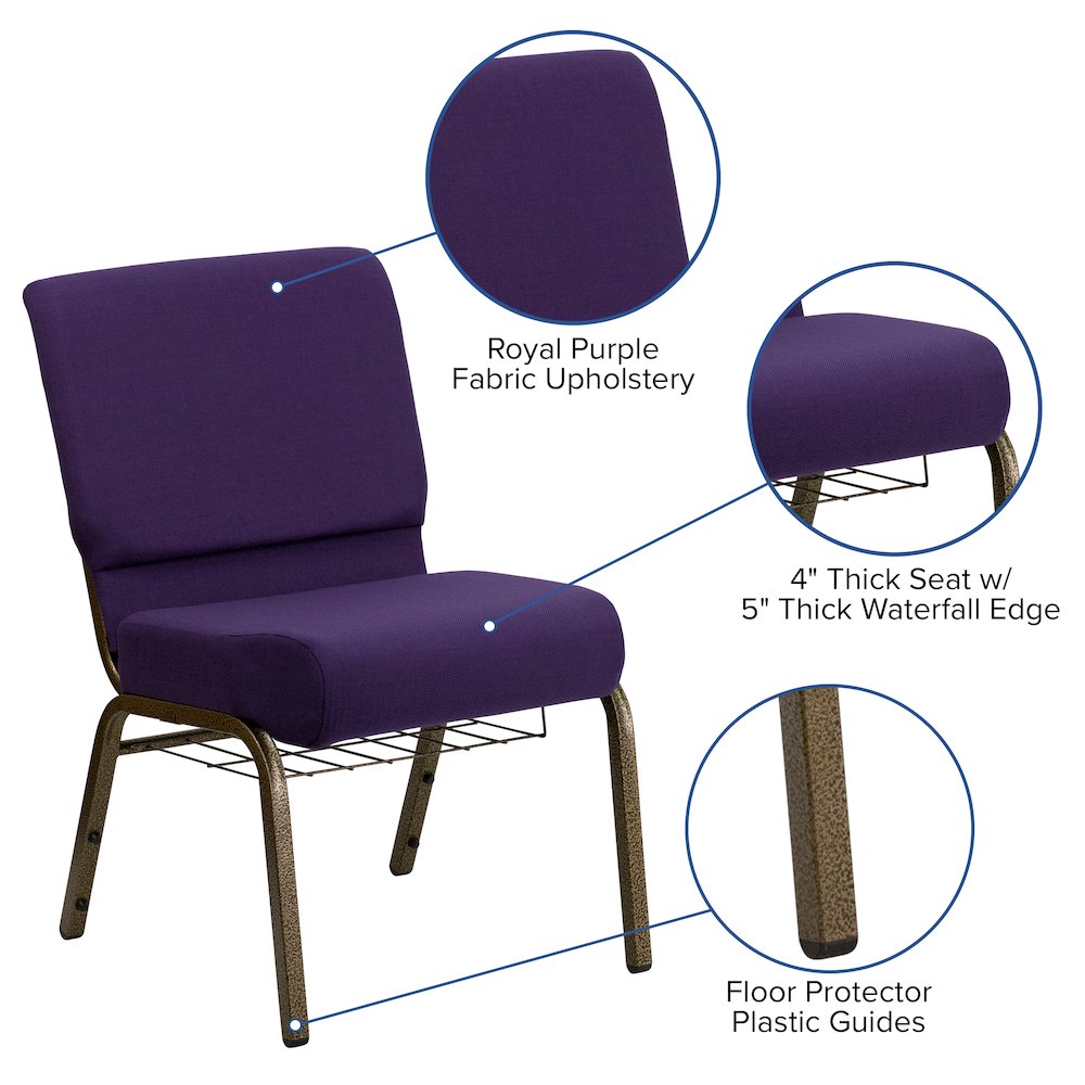 21''W Church Chair in Royal Purple Fabric with Cup Book Rack - Gold Vein Frame