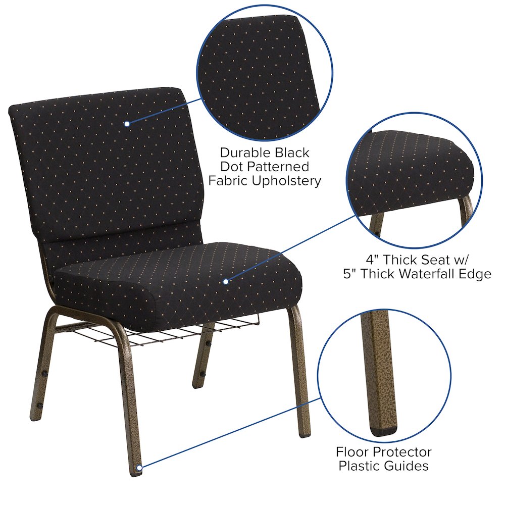 21''W Church Chair in Black Dot Fabric with Cup Book Rack - Gold Vein Frame