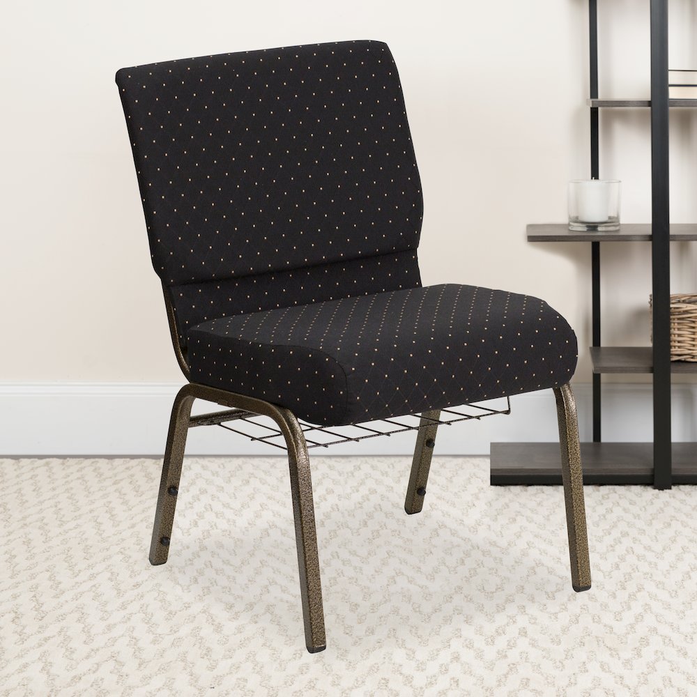 21''W Church Chair in Black Dot Fabric with Cup Book Rack - Gold Vein Frame