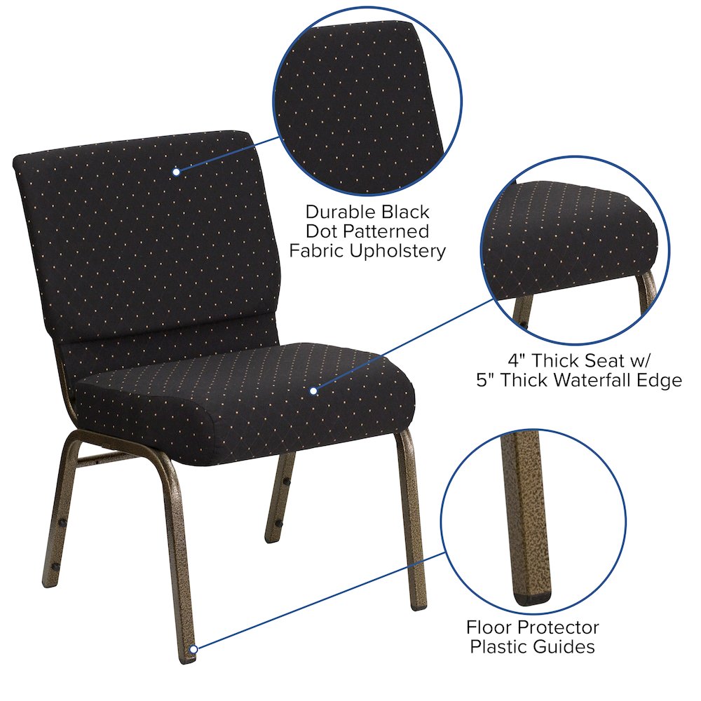 21''W Stacking Church Chair in Black Dot Patterned Fabric - Gold Vein Frame