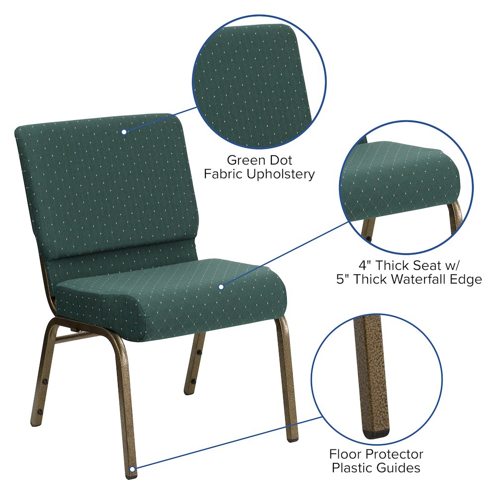 21''W Stacking Church Chair in Hunter Green Dot Fabric - Gold Vein Frame