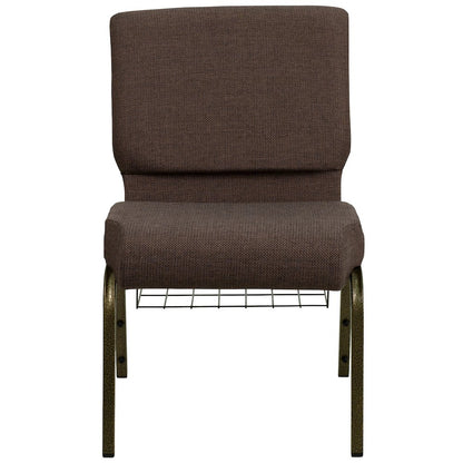 21''W Church Chair in Brown Fabric with Cup Book Rack - Gold Vein Frame