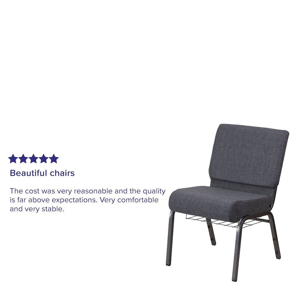 21''W Church Chair in Dark Gray Fabric with Book Rack - Silver Vein Frame