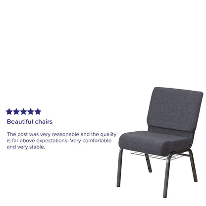 21''W Church Chair in Dark Gray Fabric with Book Rack - Silver Vein Frame