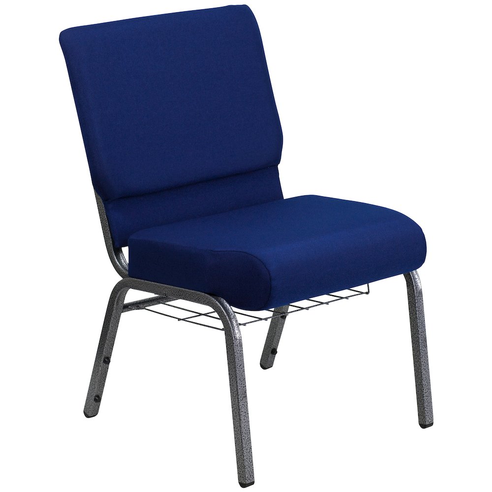 21''W Church Chair in Navy Blue Fabric with Cup Book Rack - Silver Vein Frame