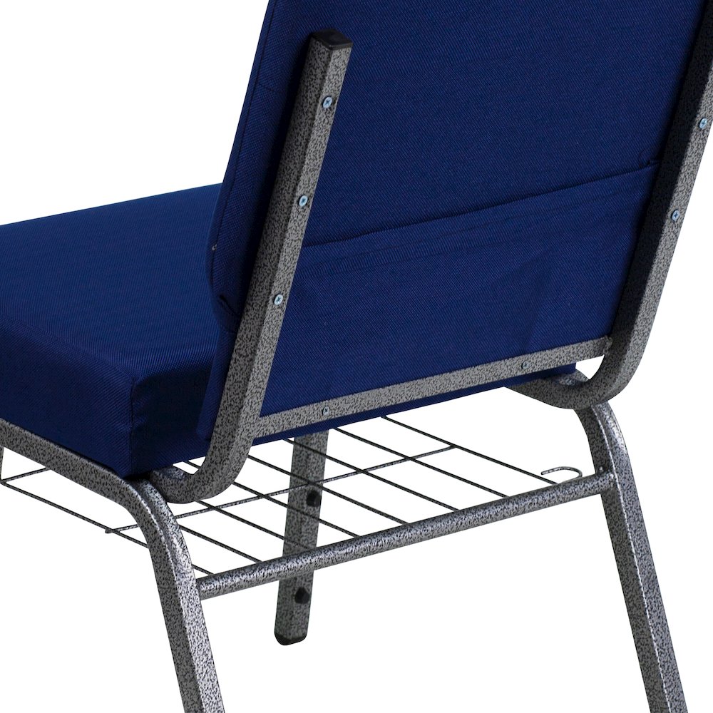 21''W Church Chair in Navy Blue Fabric with Cup Book Rack - Silver Vein Frame
