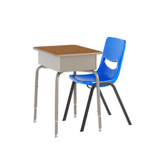 Desk with Open Front Metal Book Box, Walnut Desktop, Navy Stack Chair