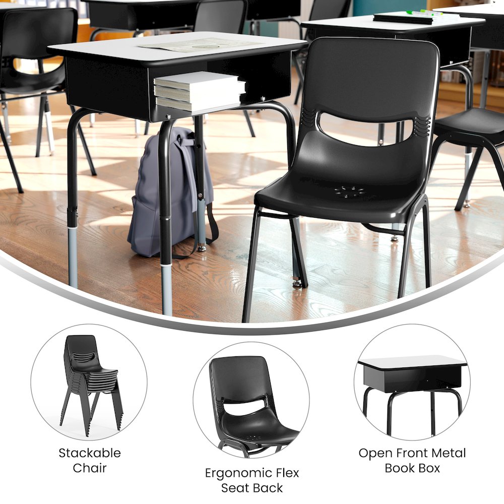 Desk with Open Front Metal Book Box, Gray Desktop, Black Stack Chair