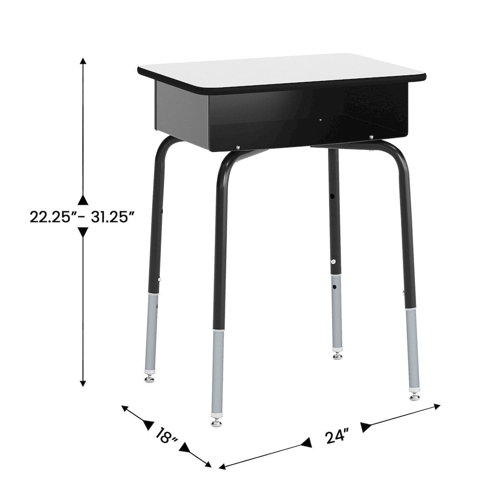 Desk with Open Front Metal Book Box, Gray Desktop, Black Stack Chair