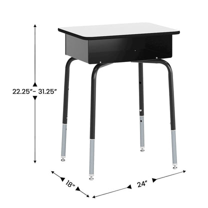 Desk with Open Front Metal Book Box, Gray Desktop, Black Stack Chair