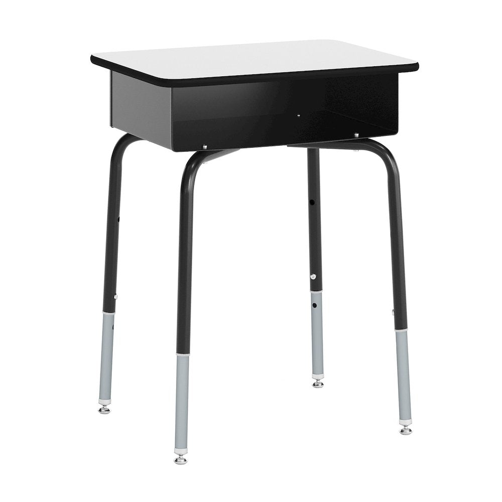 Desk with Open Front Metal Book Box, Gray Desktop, Black Stack Chair