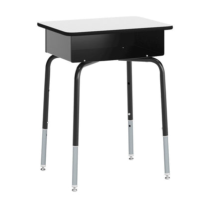 Desk with Open Front Metal Book Box, Gray Desktop, Black Stack Chair