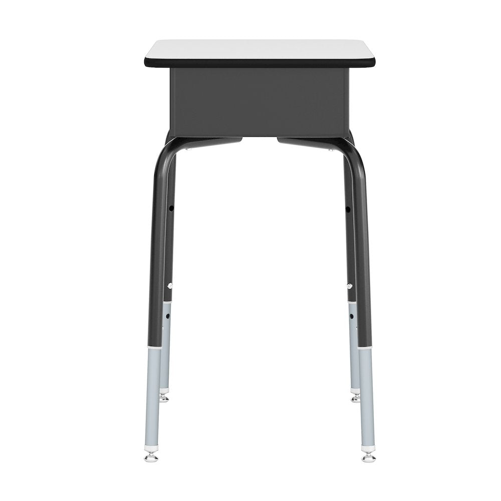 Desk with Open Front Metal Book Box, Gray Desktop, Black Stack Chair