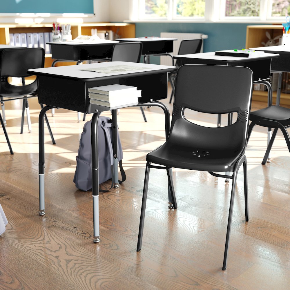 Desk with Open Front Metal Book Box, Gray Desktop, Black Stack Chair